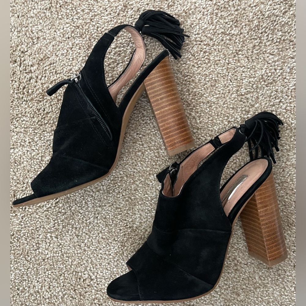 Halogen Black Suede Leather Sling Back Tassel Block Heels Woman’s 6M